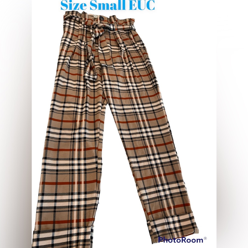 Like An Angel Plaid Hi Waist Belt Preppy Pants sz S stretchy EUC Wide Leg EUC